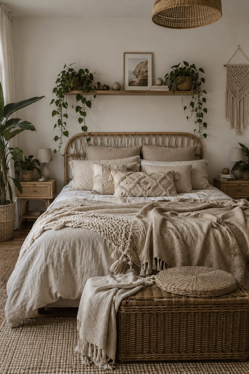 Beiges Bett mit vielen Kissen