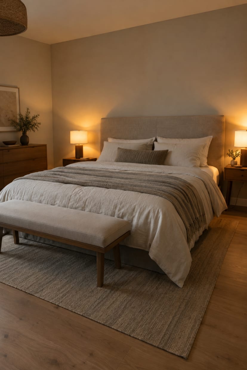 Fensterloses Schlafzimmer mit ruhiger Kopfteilwand