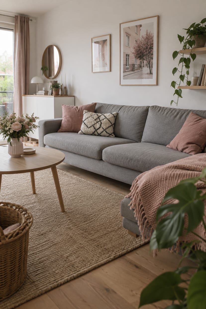 Graues Sofa mit rosa Kissen, helles Zimmer