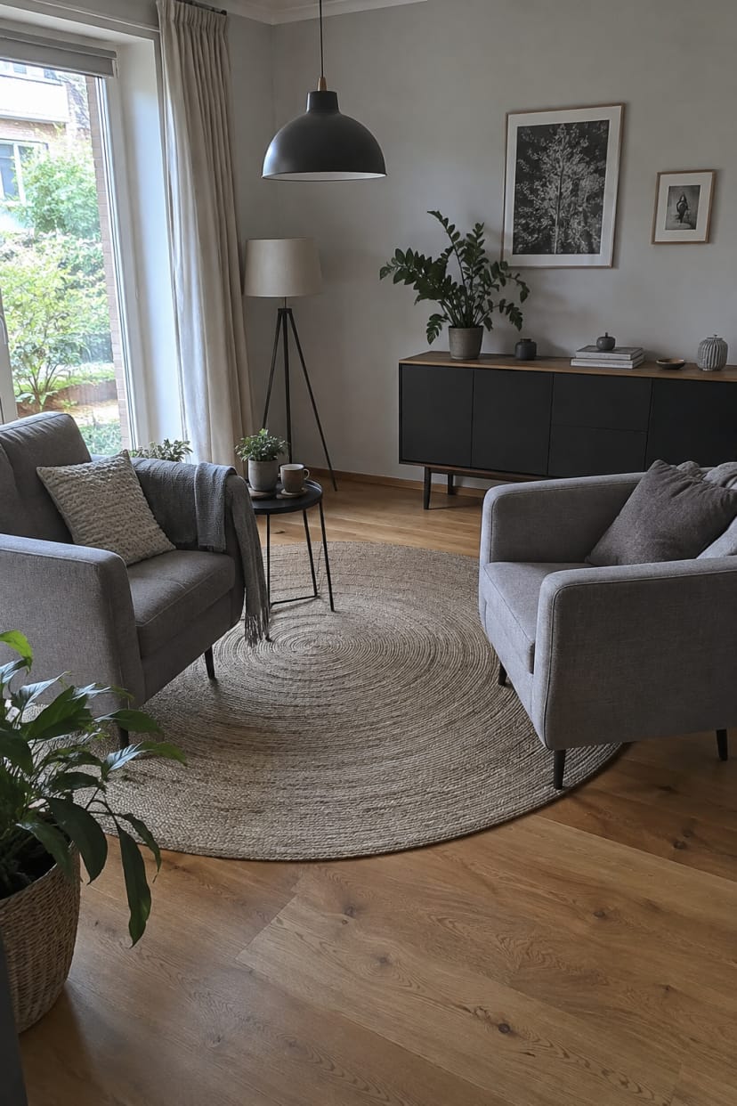 graues wohnzimmer zwei sessel rundteppich