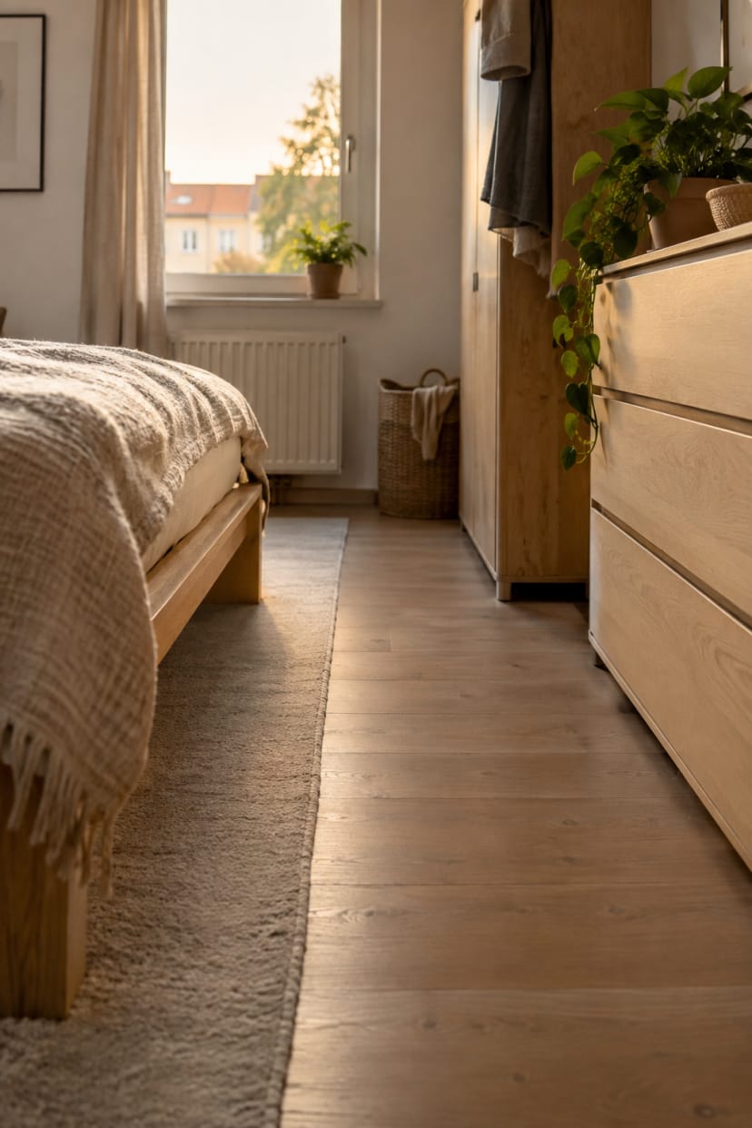 Breiter Mittelgang zwischen Möbeln im Schlafzimmer