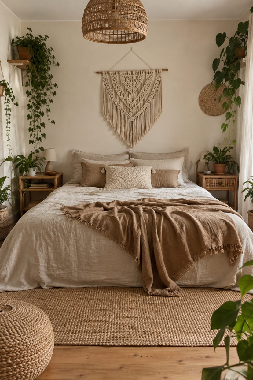 Leinenbett mit Rattan und Teppich