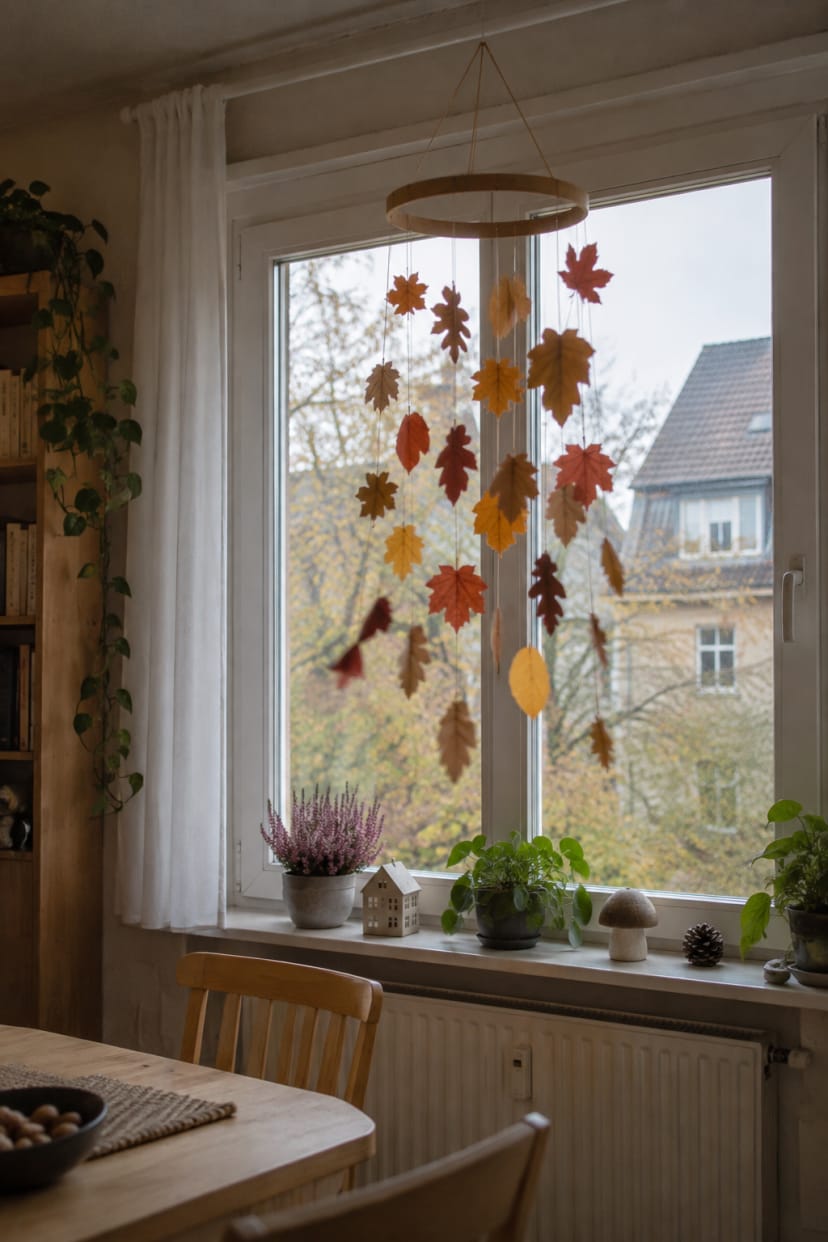 Papierblatt-Mobile vor Fenster