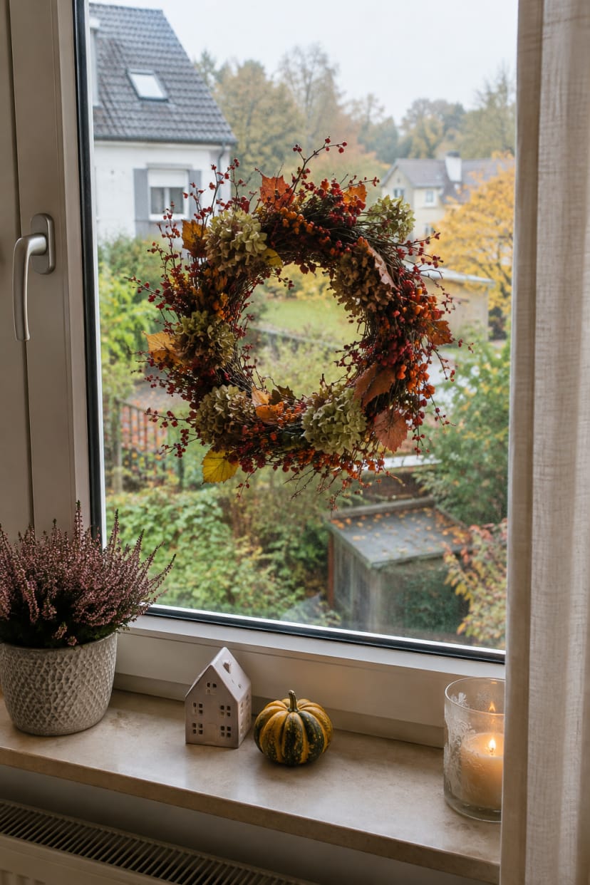 Beerkranz am Fenster mit Rahmen