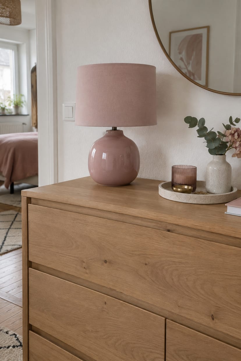 Holzkommode frontal mit rosa Lampe