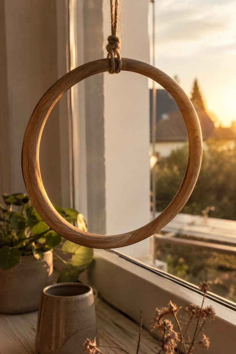 Holzring mit Naturkordel am Fenster