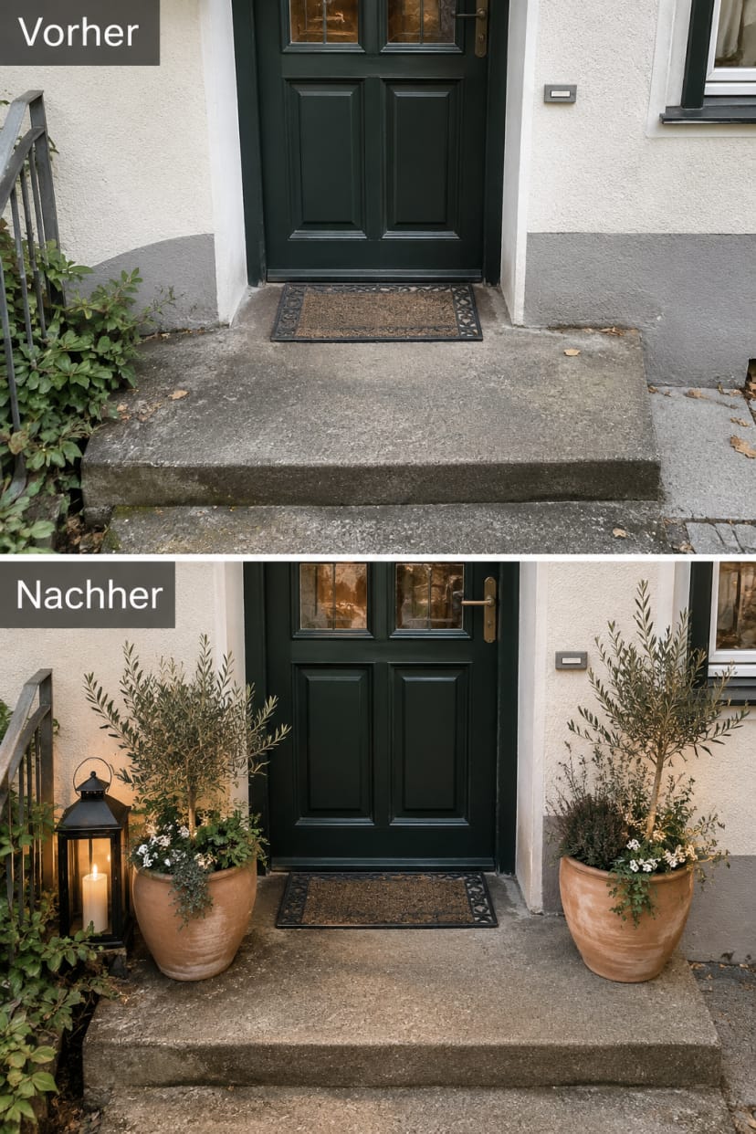 Eingangsbereich mit Laterne und Töpfen vorher/nachher