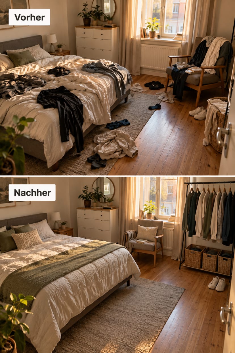 Schlafzimmer vorher und nachher mit sichtbarer Kleidung und organisierten Körben