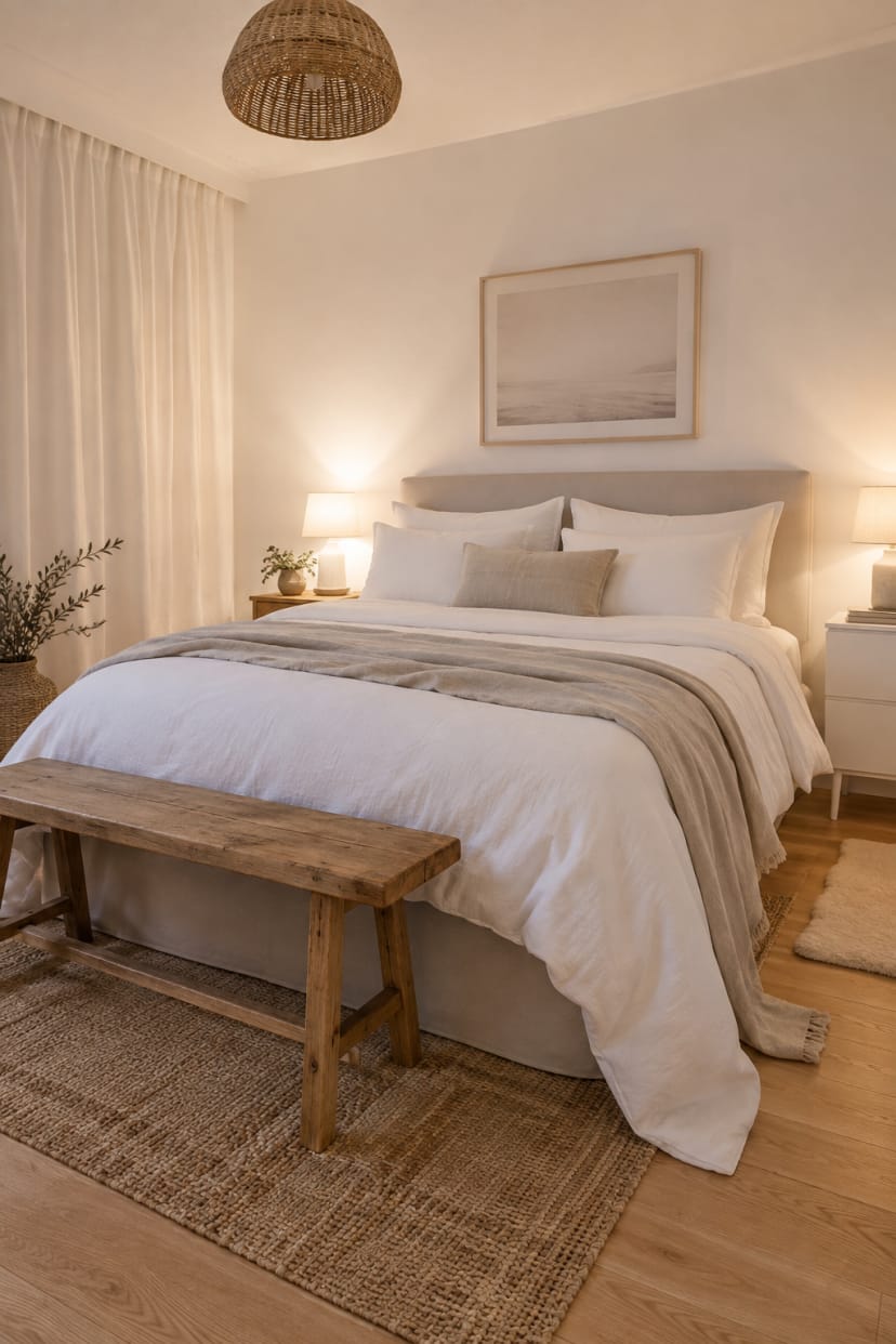 weißes Schlafzimmer mit Eichenboden