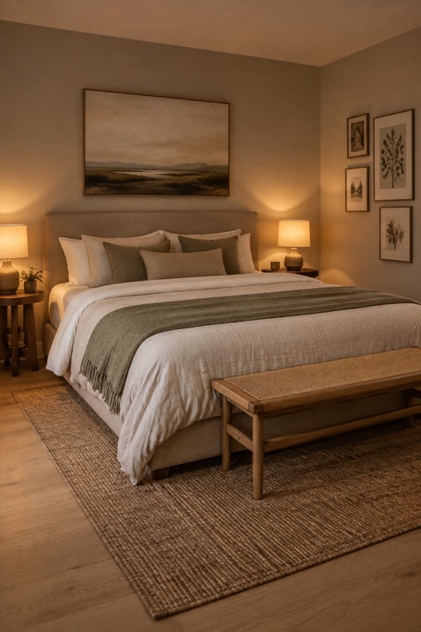 Kunst über Bett im fensterlosen Schlafzimmer
