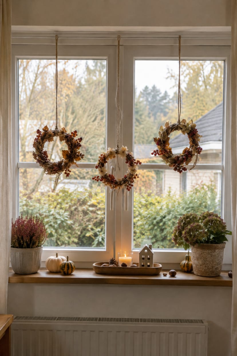 Drei kleine Ringe in unterschiedlichen Höhen am Fenster