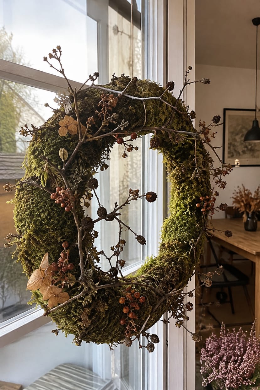 Moosring mit Ästen an Fensterscheibe