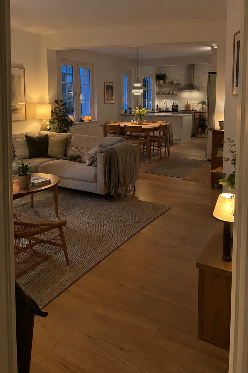 Heller offener Wohn- und Essbereich mit Holz