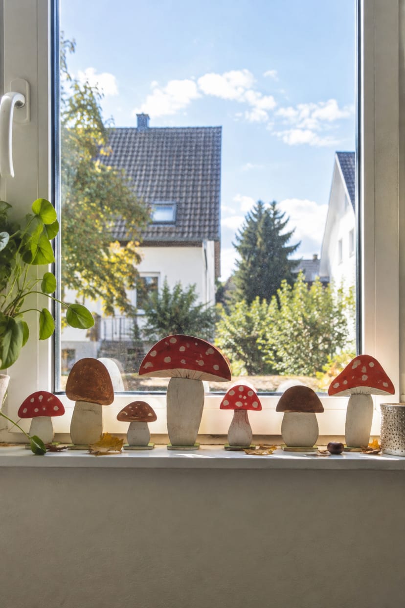 kleine pilz-fensterbilder auf der fensterbank