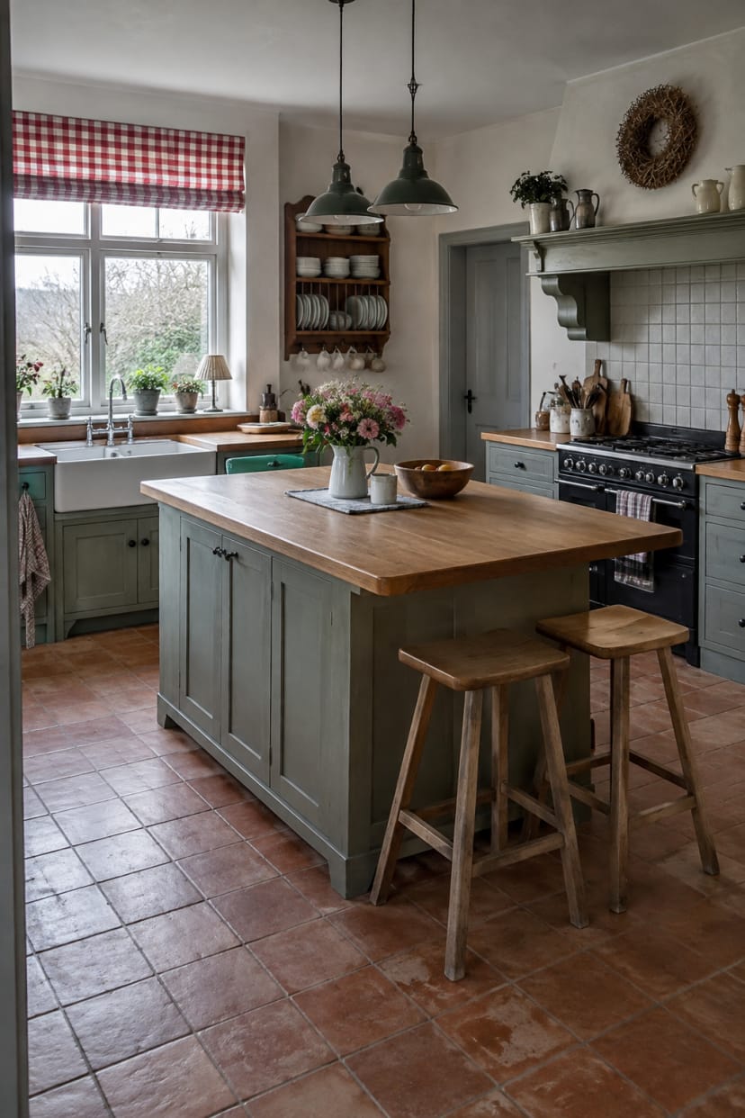 Landhausküche mit zentraler Insel und Laufwegen