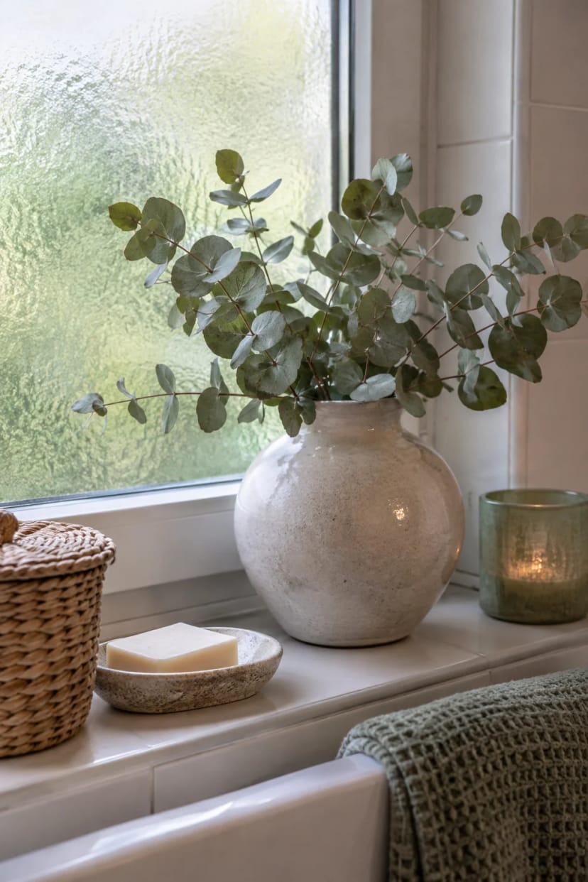 Bauchige Keramikvase auf Holzfensterbank Nahaufnahme