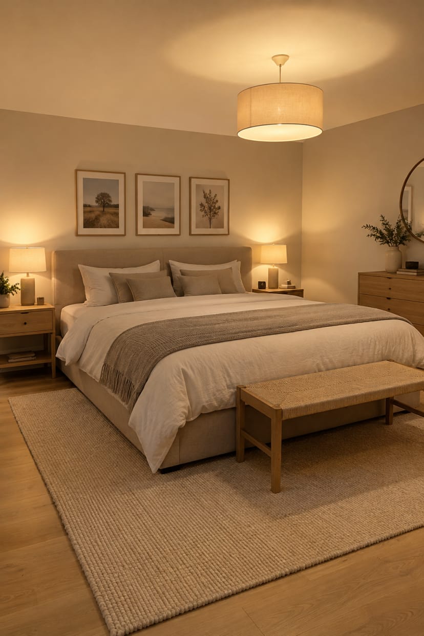 Voll beleuchtetes fensterloses Schlafzimmer