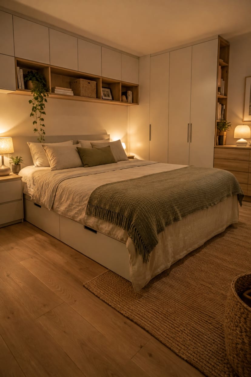 Schlafzimmer mit eingebauten Stauraummöbeln und Unterbett-Schubladen