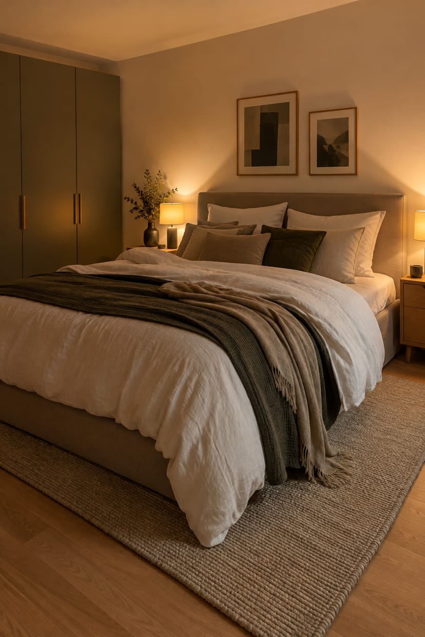 Bett mit geschichteten Decken und Kissen