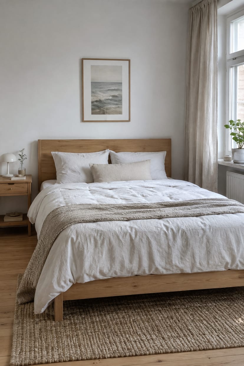 Helles Schlafzimmer mit weißer Bettwäsche