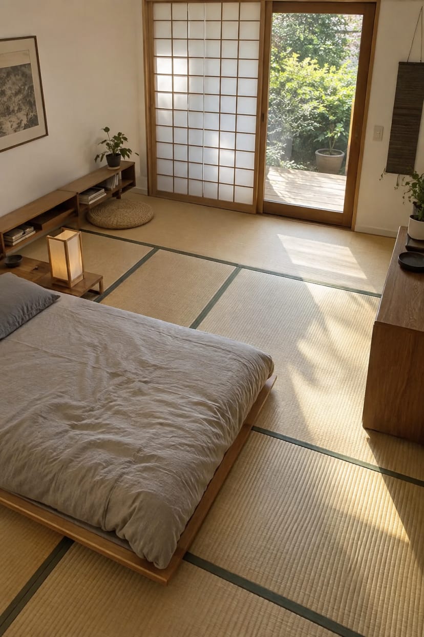 Tatami‑Zone mit minimalen Möbeln und Schiebetor