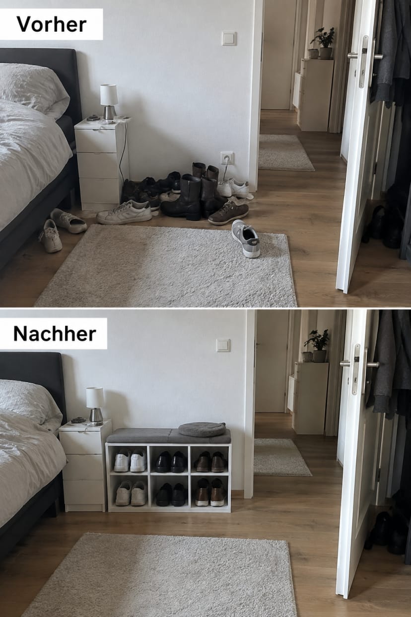 Schuhe unordentlich und organisiert im Schlafzimmer