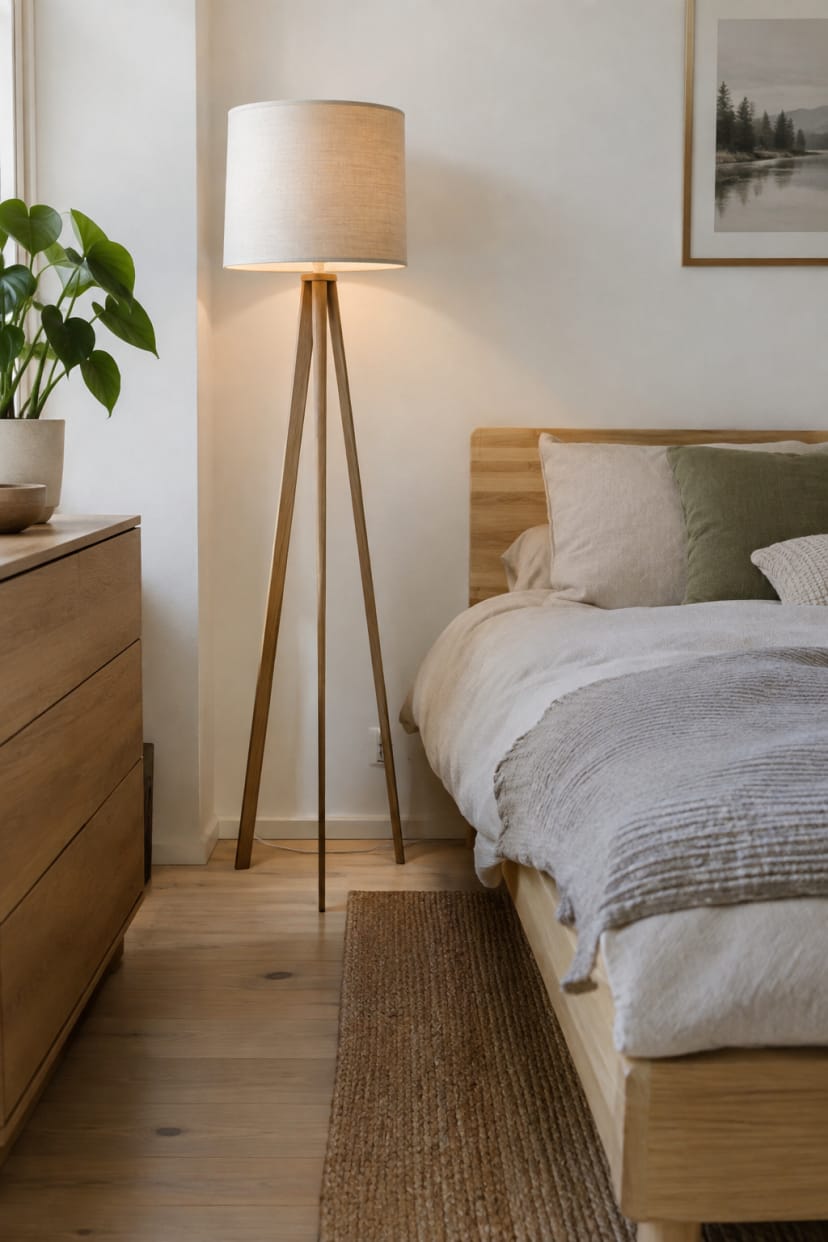 Stehlampe neben Bett, freistehend im Schlafzimmer