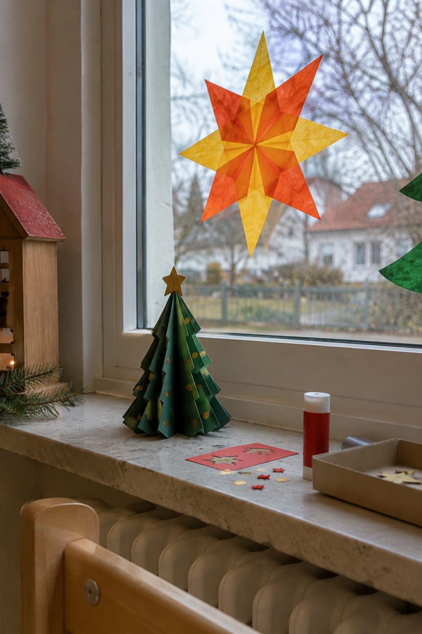Papierstern an der Scheibe, kleiner Tannenbaum auf Fensterbank