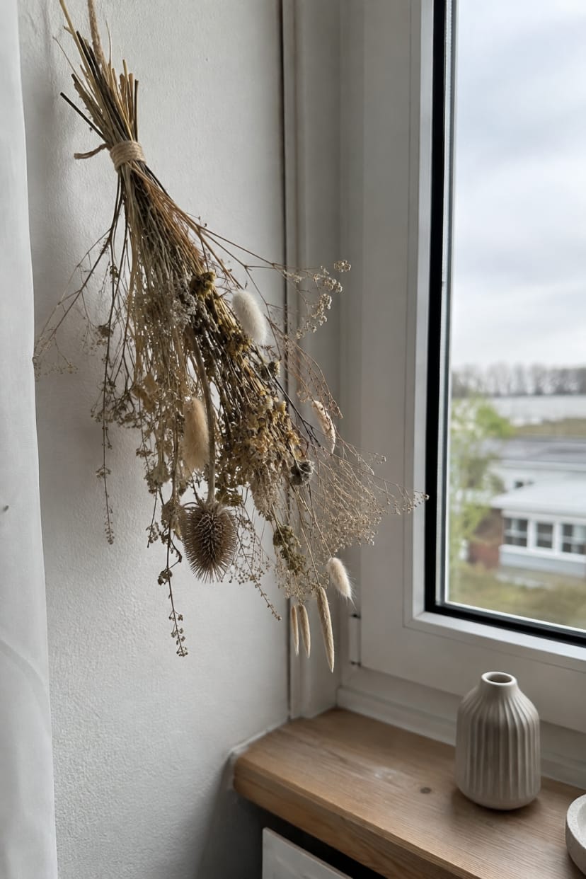 Nahaufnahme Trockenblumen und Gräser am Faden