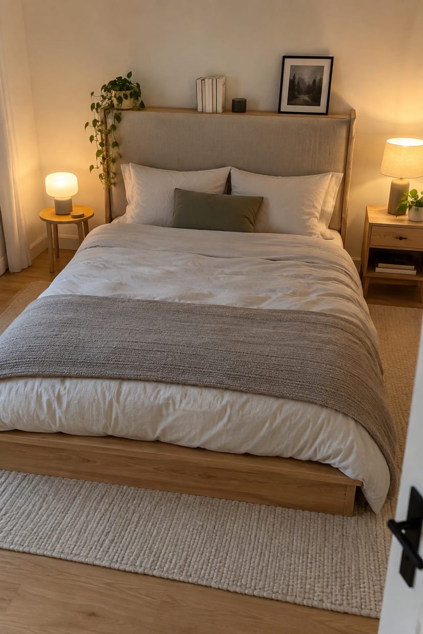 Schlafzimmer mit textilem Paneel hinter Bett