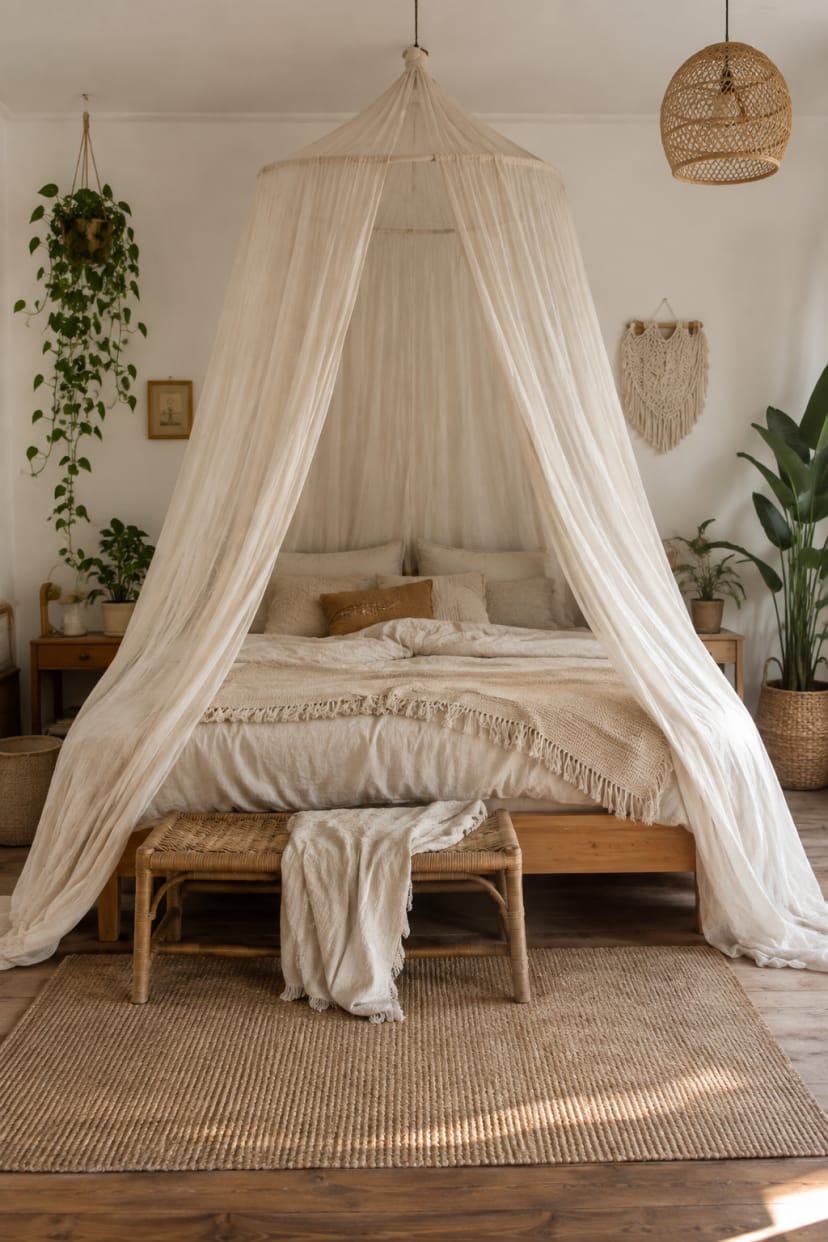 Makramee wandbehang über bett im beigen schlafzimmer