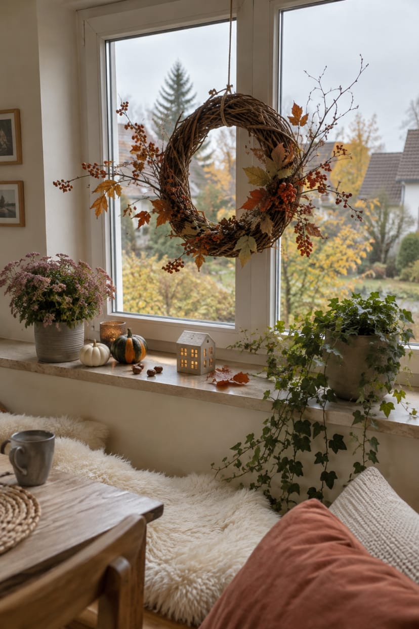 Weidenring mit Zweigen am Fenster