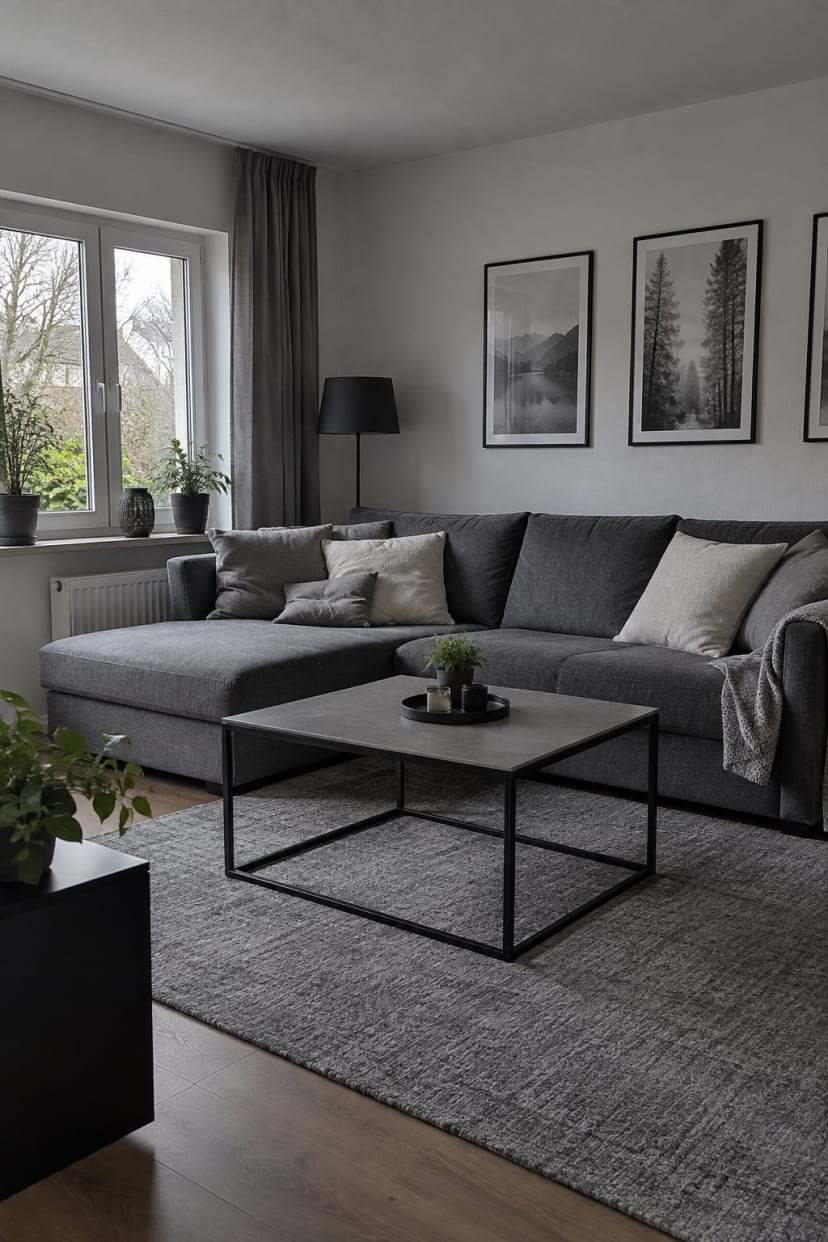 Monochromes Wohnzimmer mit grauem Sofa