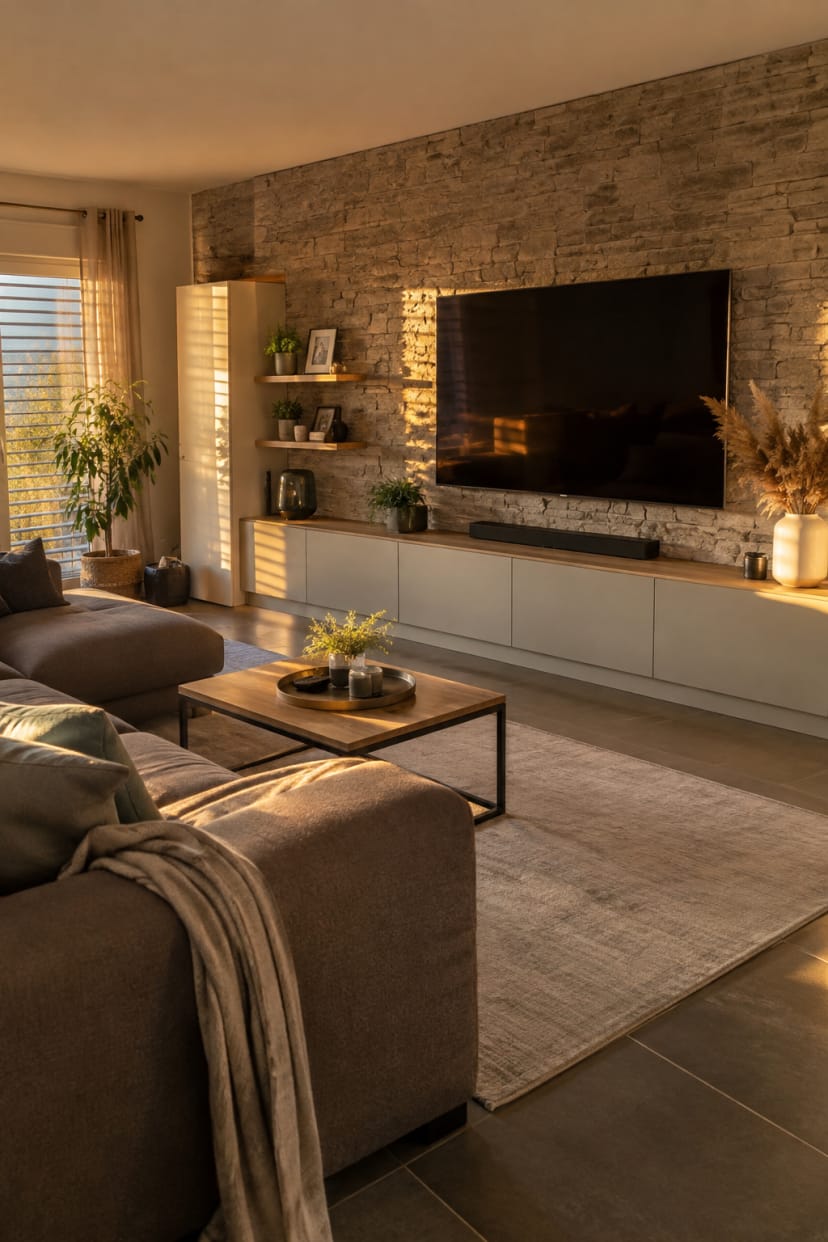 Wohnzimmer mit Steinwand und flachem Lowboard