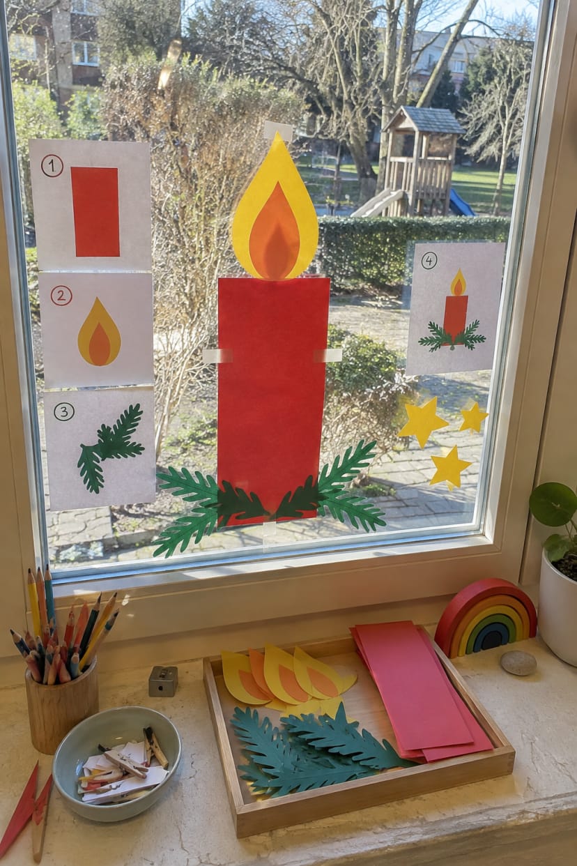 Große Papierkerze mittig am Fenster