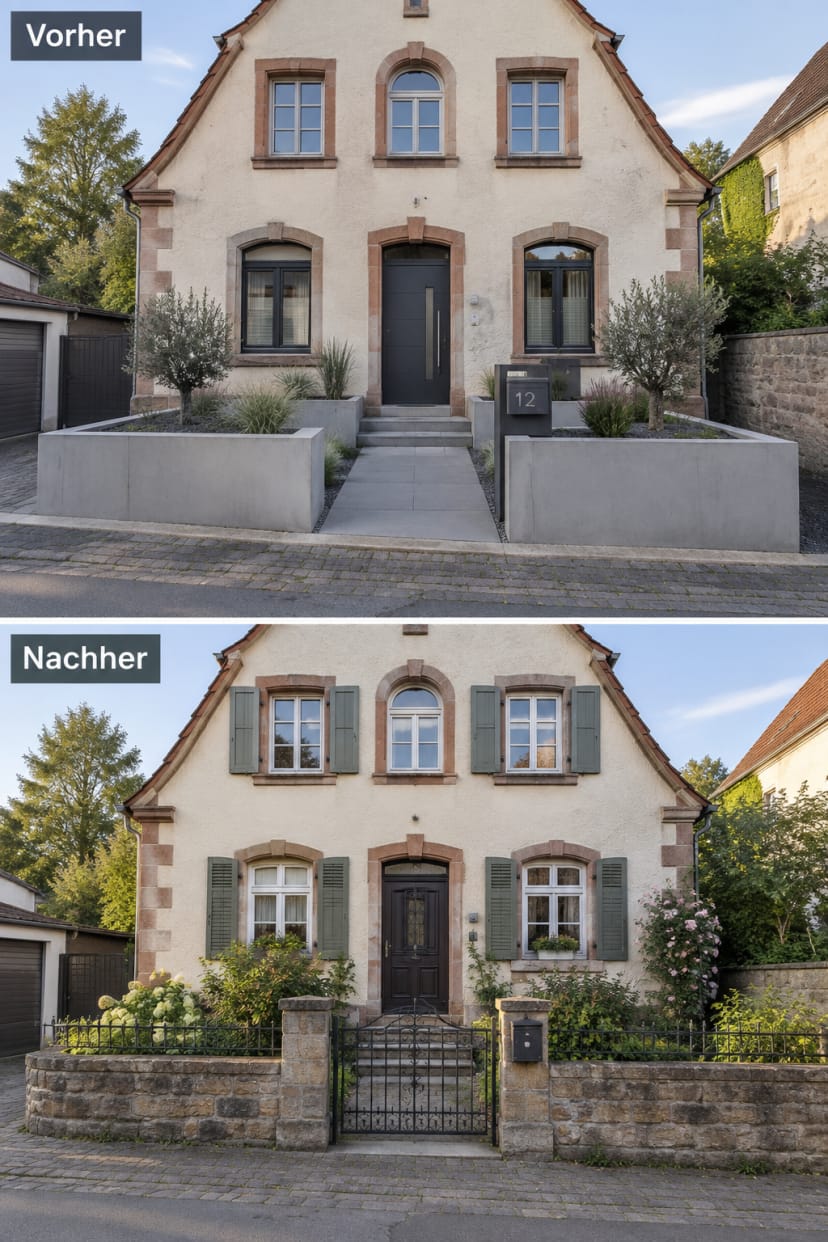 Vergleich moderner vs traditioneller Vorgarten vor altem Haus