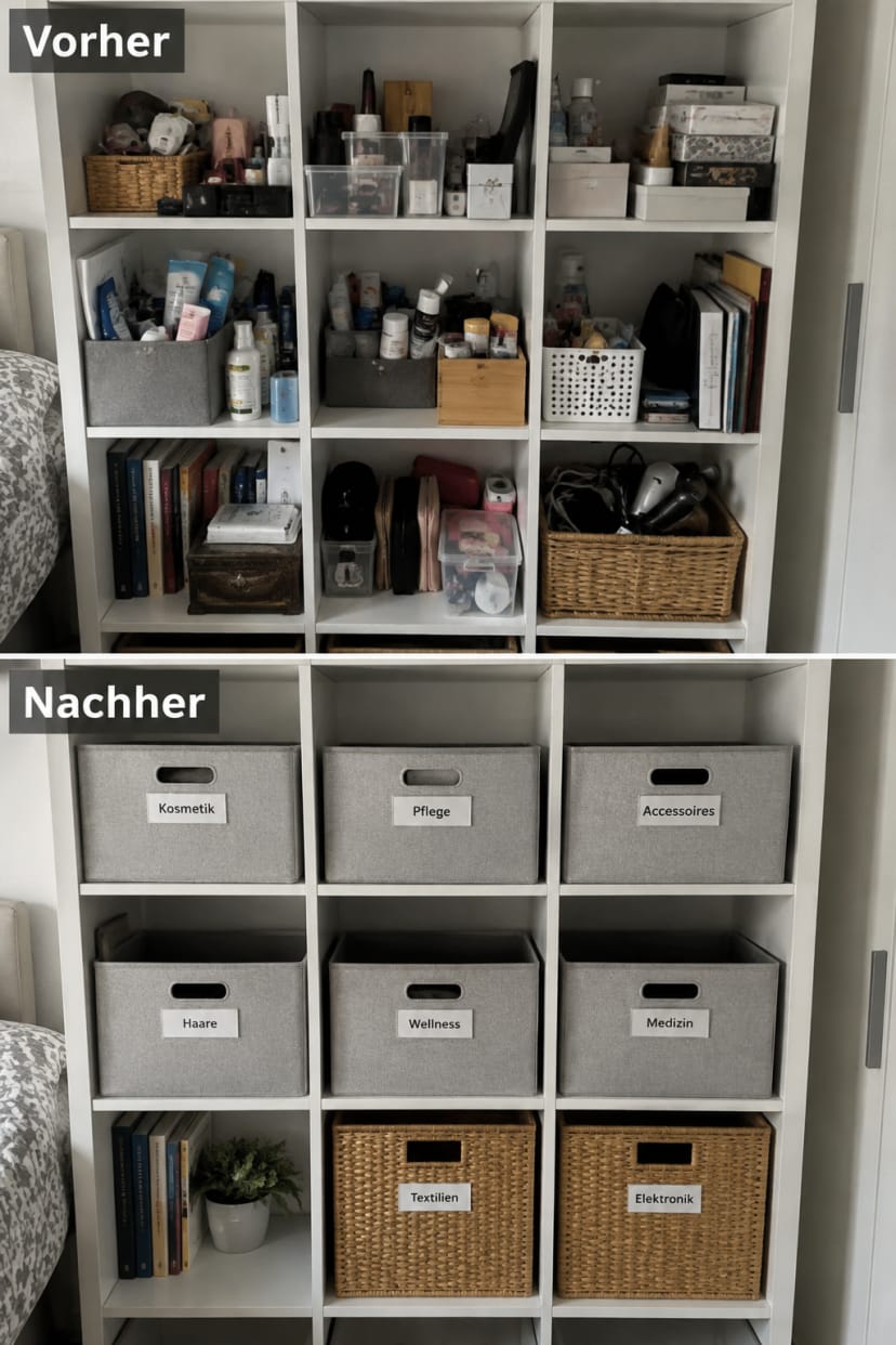 Regal vorher mit vielen kleinen Boxen, danach mit wenigen großen Boxen