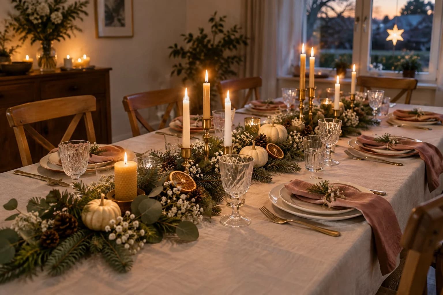 Festlich gedeckte lange Tafel am Abend mit Läufer aus Eukalyptus und Tannengrün, kleinen Kürbissen, Orangenscheiben, brennenden Stabkerzen in Messing und Servietten in Altrosa