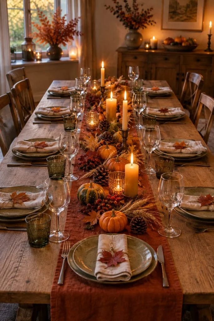 Lange Tafel: herbstlich gedeckter Tisch mit rostrotem Leinenläufer, Zierkürbissen, Zapfen, Ähren und Bienenwachskerzen