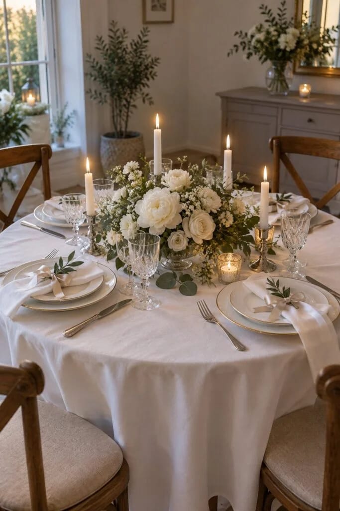 Runder Tisch für vier: für eine Hochzeitsfeier gedeckter Tisch mit weißer Decke, Gestecken aus weißen Rosen und Pfingstrosen und hohen Kerzen in Silber