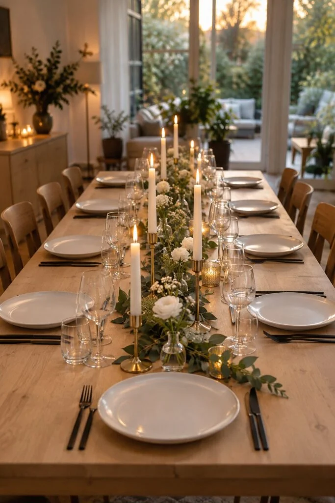 Lange Tafel: für eine Hochzeitsfeier gedeckter Tisch mit schmalem Grünstreifen, Einzelblüten in Glasvasen und Kerzen in Messinghaltern