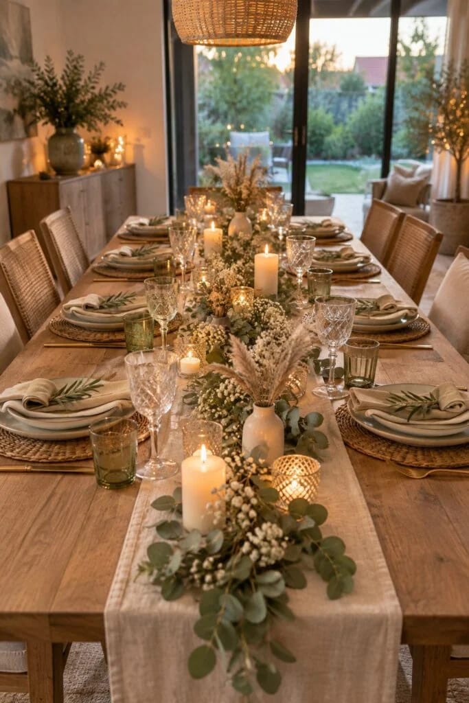 Lange Tafel: für eine Hochzeitsfeier gedeckter Tisch mit Eukalyptus-Girlande, Pampasgras, Trockenblumen und vielen Kerzen