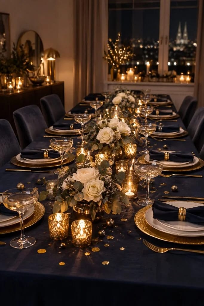 Lange Tafel: für Silvester gedeckter Tisch mit nachtblauer Decke, goldenen Platztellern, weißen Rosen und Teelichtern in Gold