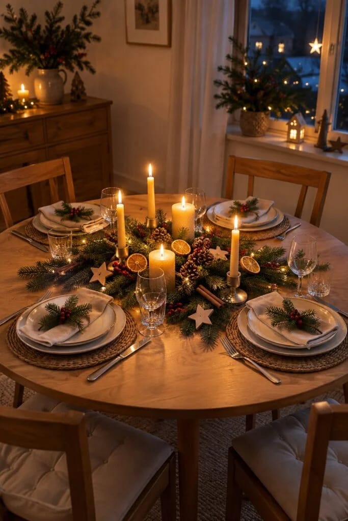 Runder Tisch für vier: weihnachtlich gedeckter Tisch mit Tannenzweigen als Läufer, Zapfen, getrockneten Orangenscheiben und Bienenwachskerzen