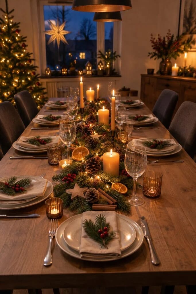 Lange Tafel: weihnachtlich gedeckter Tisch mit Tannenzweigen als Läufer, Zapfen, getrockneten Orangenscheiben und Bienenwachskerzen