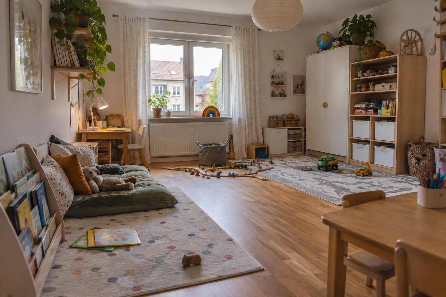 13 Ideen, wie du dein Kinderzimmer ohne Bett mit Spielzone, Bodenregalen und Leseecke einrichtest