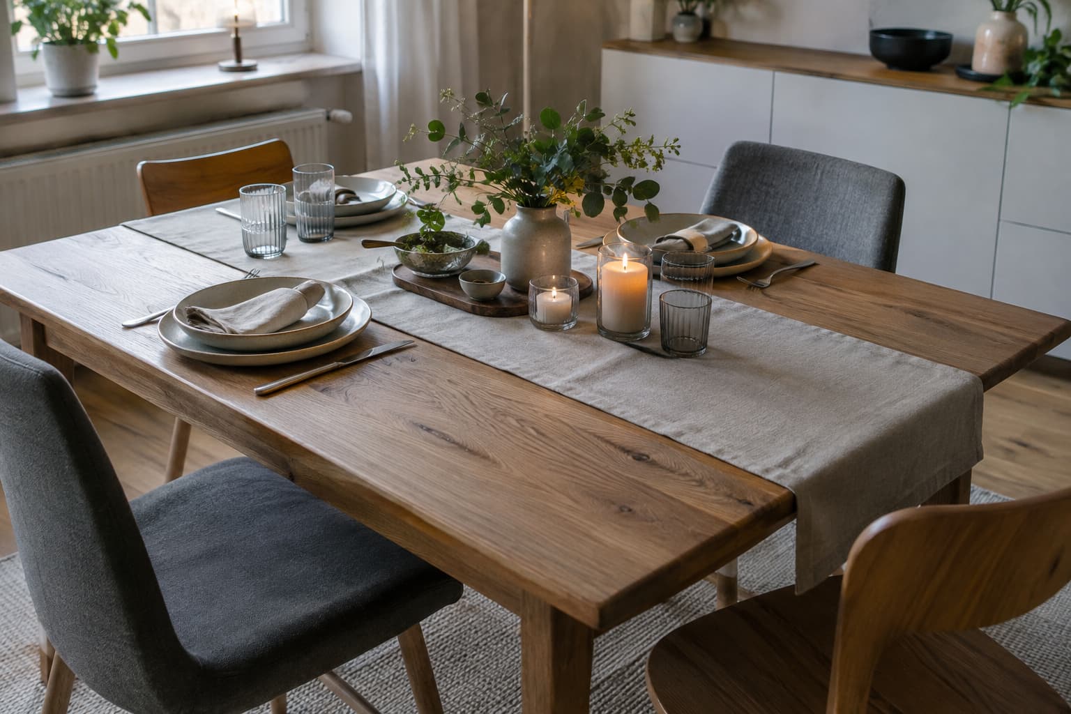 15 Ideen, wie du deine Tischdekoration im Alltag modern mit Holz, Leinen, Grau und Naturakzenten gestaltest